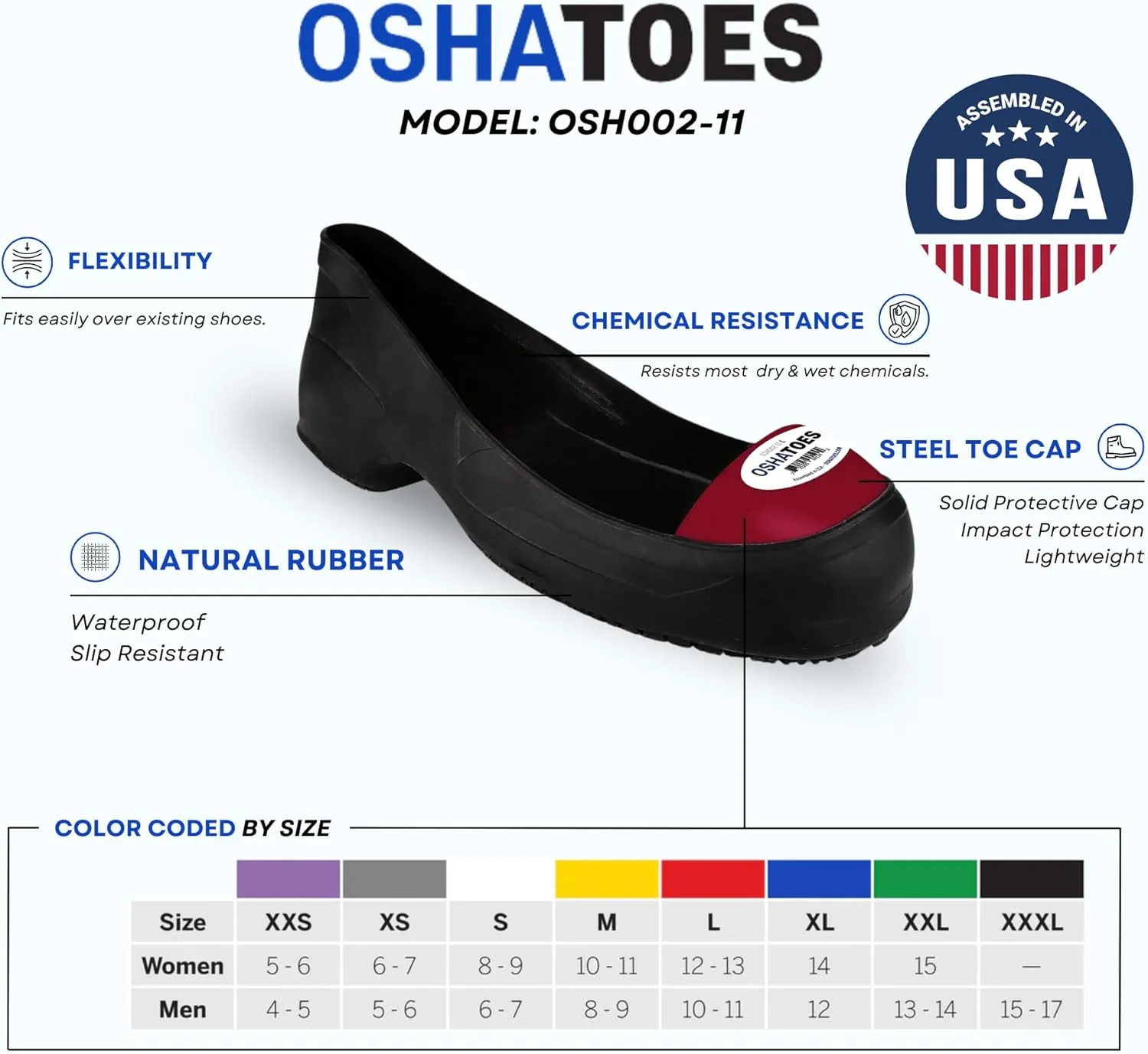 ARC Unisex Steel Toe Shoe Covers – Chemical Resistant Natural Rubber Safety Overshoes in Color Coded Sizing