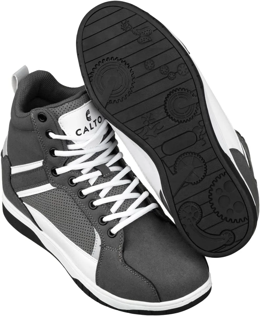 CALTO Men's Invisible Height Increasing Elevator Trainer Shoes - Grey/White Lace-up Fashion High-Top Sneakers - 3.2 Inches Taller - S3721 - Size 9 D(M) US
