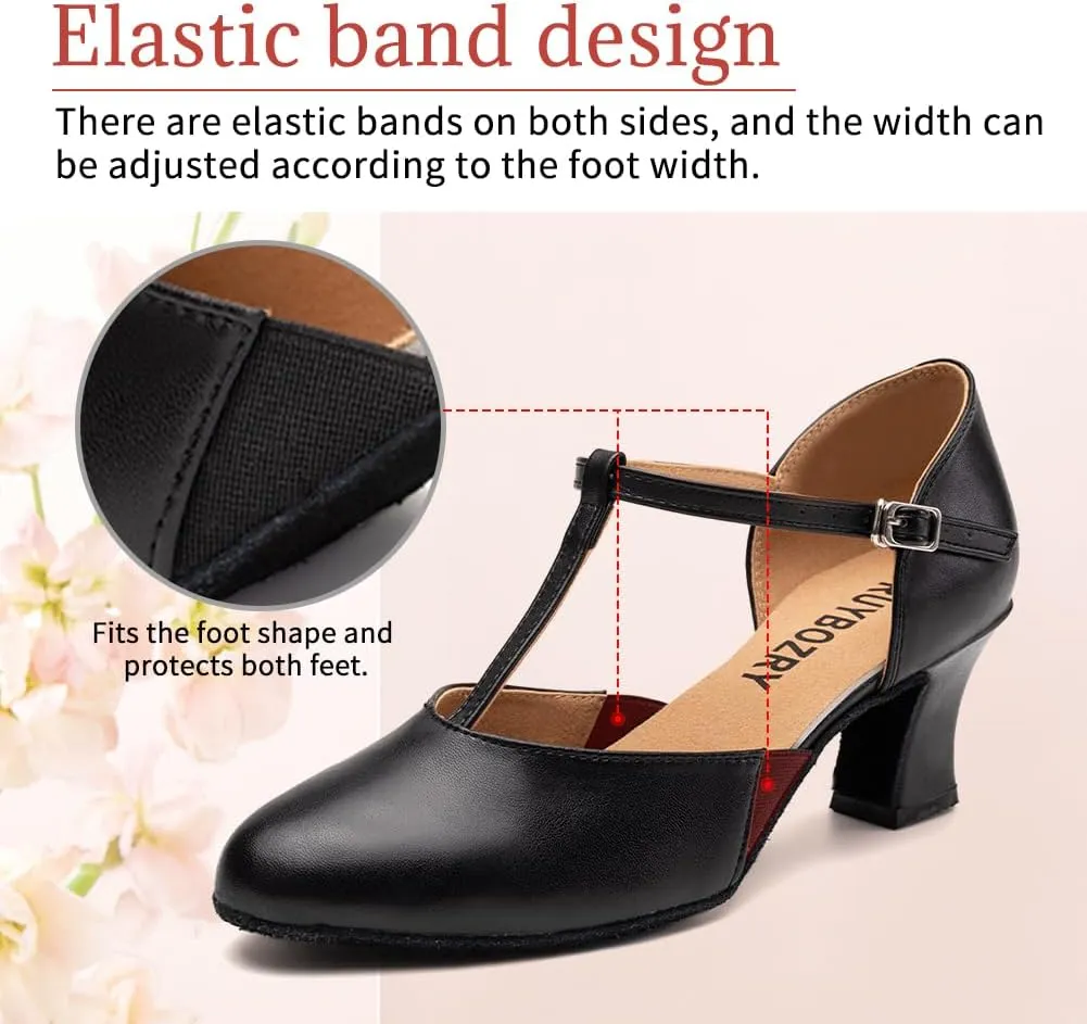 Character Shoes for Women T-Strap Closed Toe Latin Salsa Tango Standard Ballroom Dance Shoes,Model D29-Suede Sole-2.33”Heel