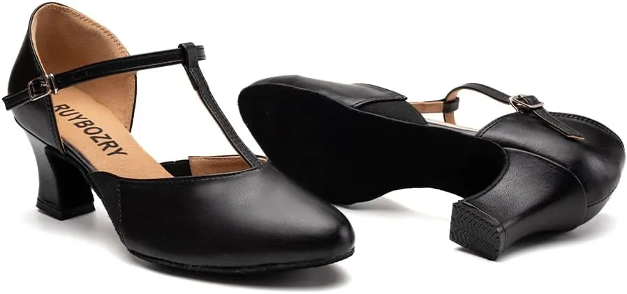 Character Shoes for Women T-Strap Closed Toe Latin Salsa Tango Standard Ballroom Dance Shoes,Model D29-Suede Sole-2.33”Heel