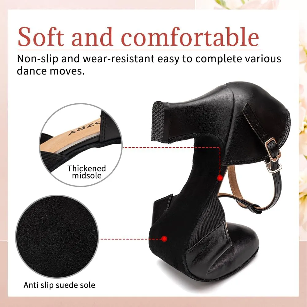 Character Shoes for Women T-Strap Closed Toe Latin Salsa Tango Standard Ballroom Dance Shoes,Model D29-Suede Sole-2.33”Heel