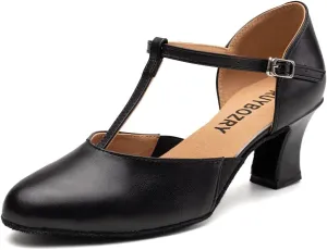Character Shoes for Women T-Strap Closed Toe Latin Salsa Tango Standard Ballroom Dance Shoes,Model D29-Suede Sole-2.33”Heel