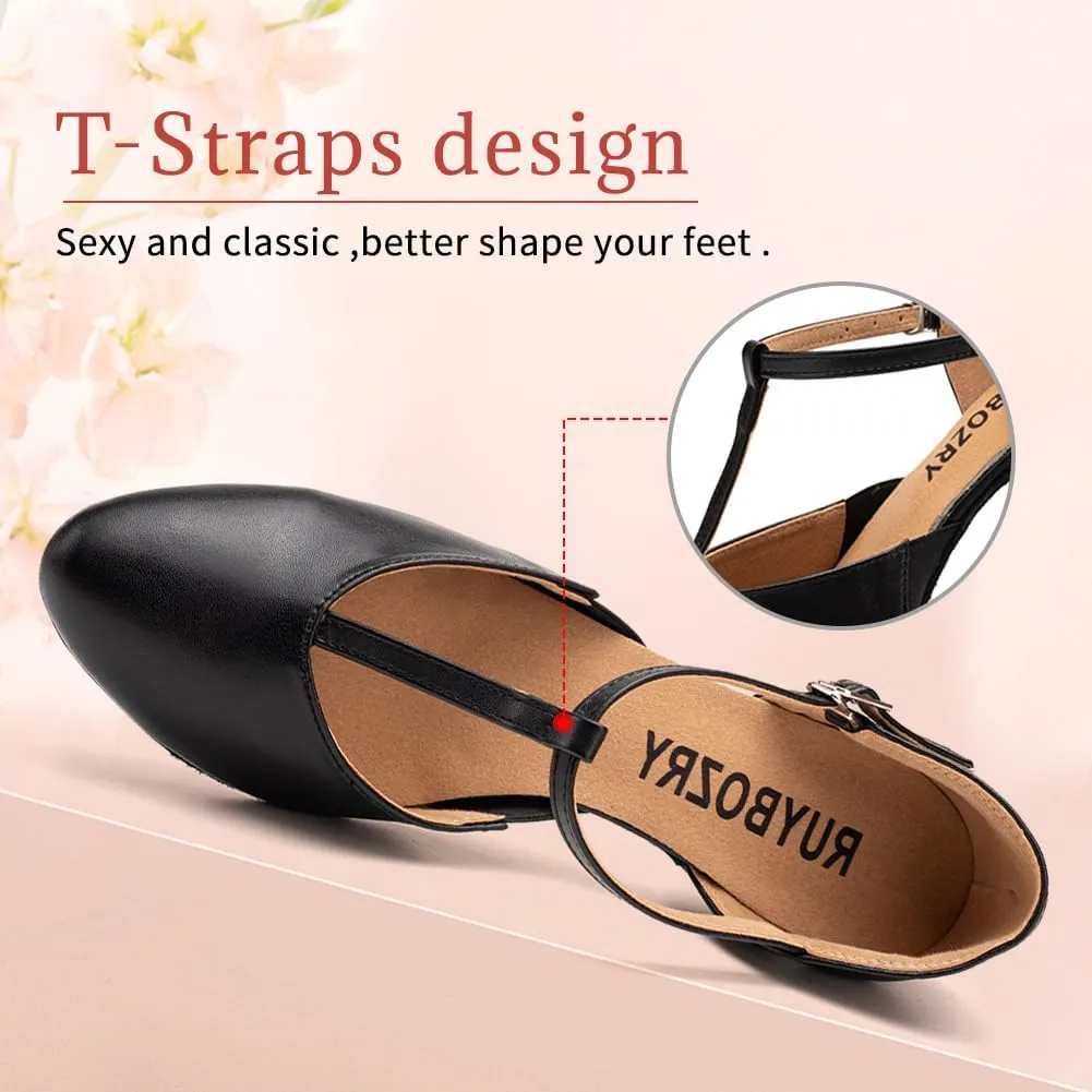 Character Shoes for Women T-Strap Closed Toe Latin Salsa Tango Standard Ballroom Dance Shoes,Model D29-Suede Sole-2.33”Heel