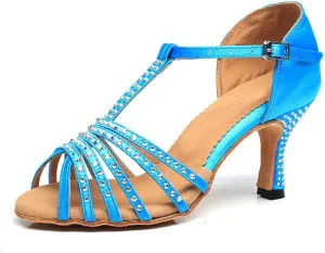 Minishion Women's T-Strap Crystals Satin 3" Heel Latin Tango Dancing Shoes Bridal Wedding Sandals