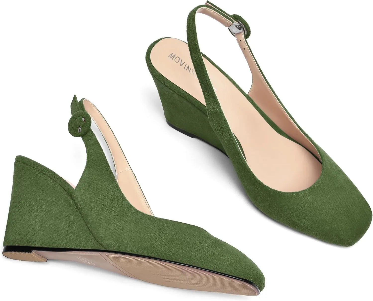 MOVINSTEPS Womens Solid Suede Square Toe Wedding Adjustable Strap Sexy Buckle Wedge High Heel Pumps Shoes 3.3 Inch