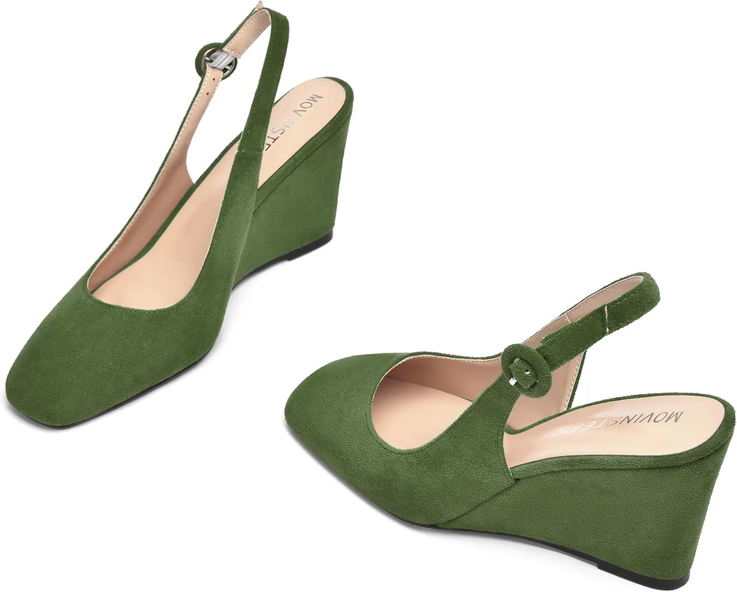 MOVINSTEPS Womens Solid Suede Square Toe Wedding Adjustable Strap Sexy Buckle Wedge High Heel Pumps Shoes 3.3 Inch