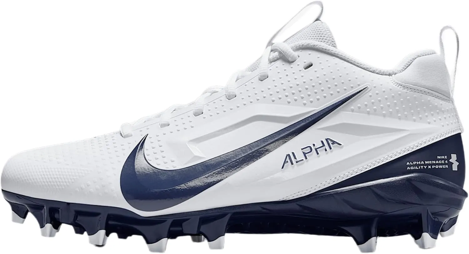 Nike Alpha Menace 4 Varsity Football Cleats (FN0027-104, White/Midnight Navy/Photon Dust/Midnight Navy)