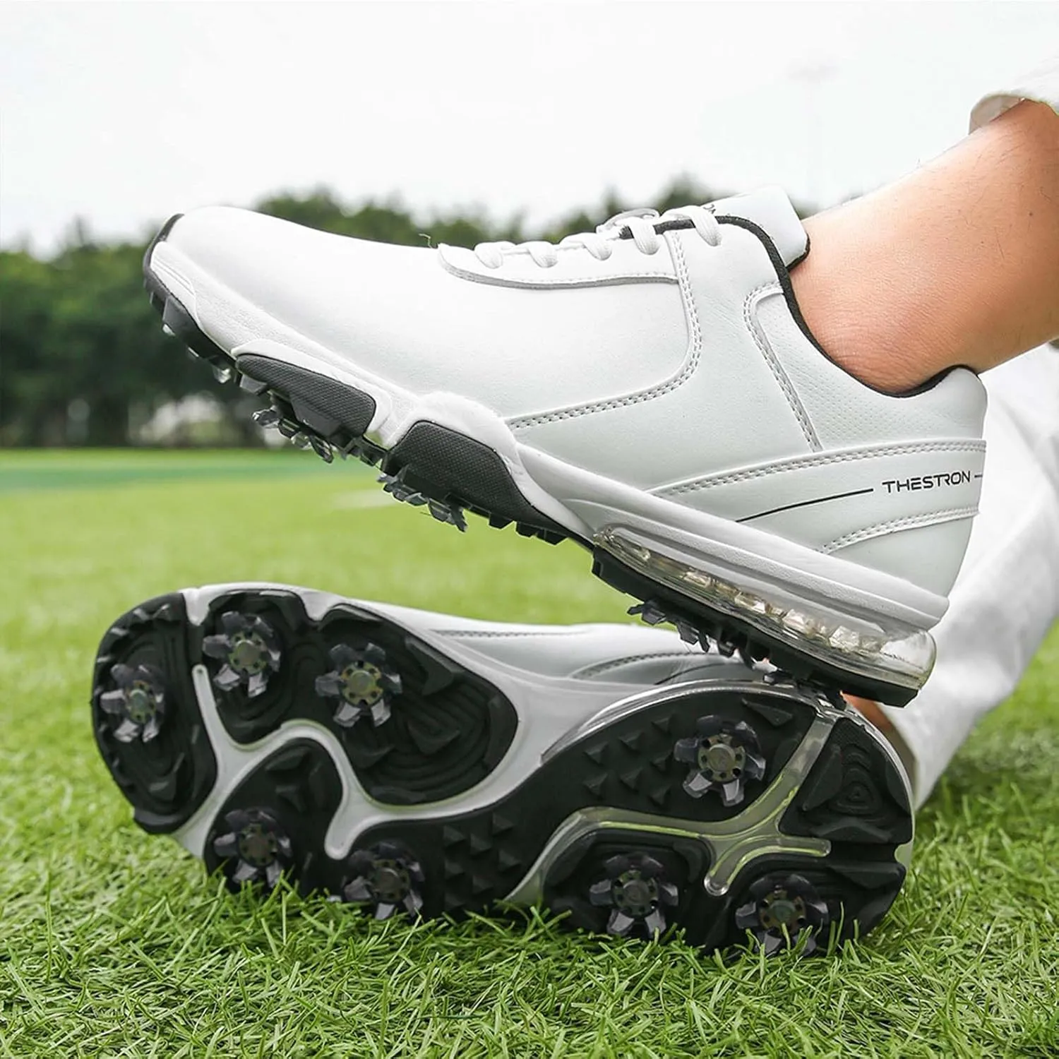 ONAIC Golf Shoes Men with Spikes Leather Golf Shoes Waterproof for Outdoor Trainers Golfing