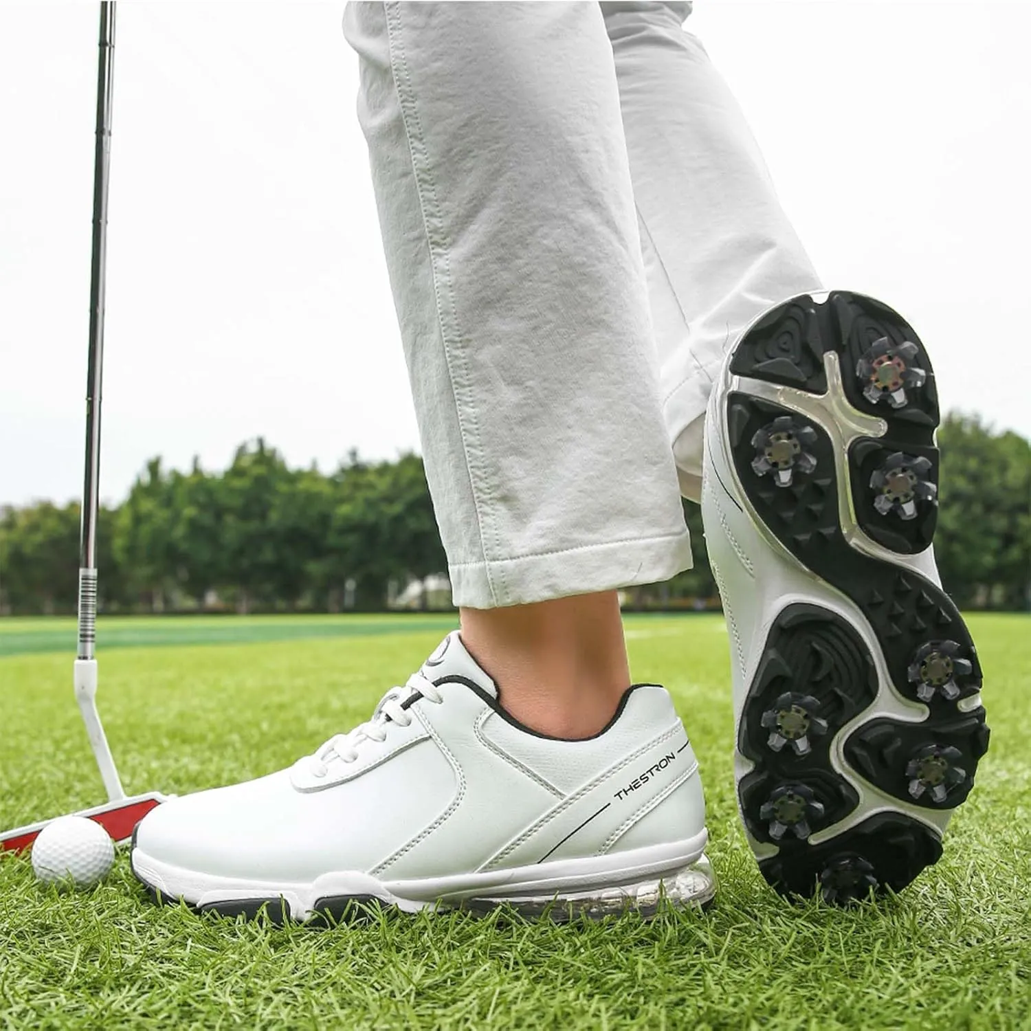 ONAIC Golf Shoes Men with Spikes Leather Golf Shoes Waterproof for Outdoor Trainers Golfing