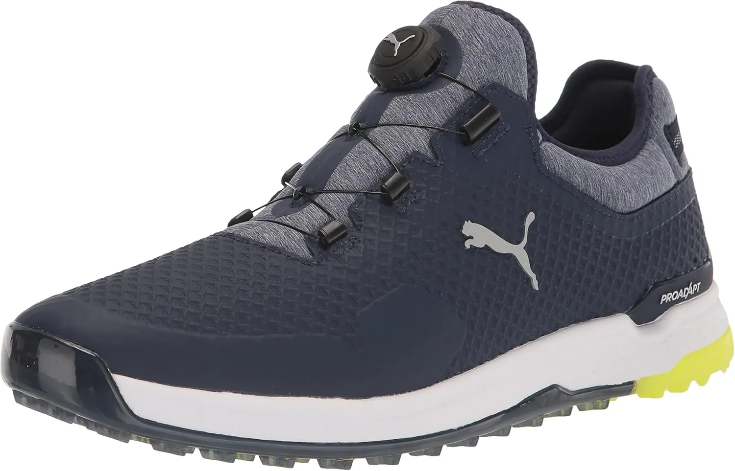 PUMA Men's Proadapt Alphacat Disc Golf Shoe, Peacoat Silver-Safety Yellow, 11.5