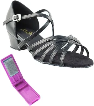 Very Fine Dance Shoes - Ladies Practice, Cuban Low Heel, Waltz Ballroom Dance Shoes - 1670C - 1.5-inch Heel and Foldable Brush Bundle - Black Leather - 6