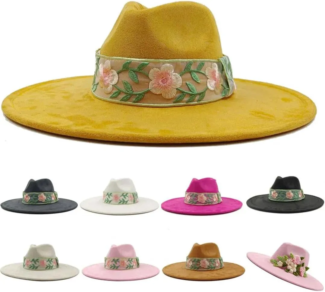 Women's Decal Suede Hat Wide Brim Fedora Hat Men's Autumn Winter Jazz Hat Classic Suede Fedoras Sombrero